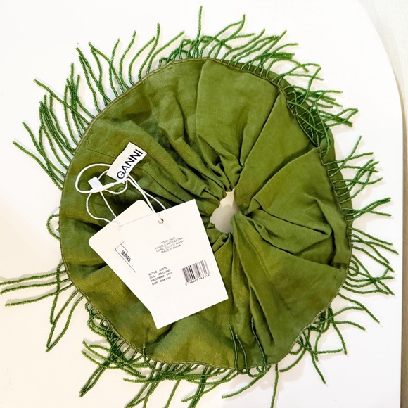 NWT Ganni Fringed Bead-Embellished Linen Hair Scrunchie Tie in Chartreuse Green - Picture 4 of 8